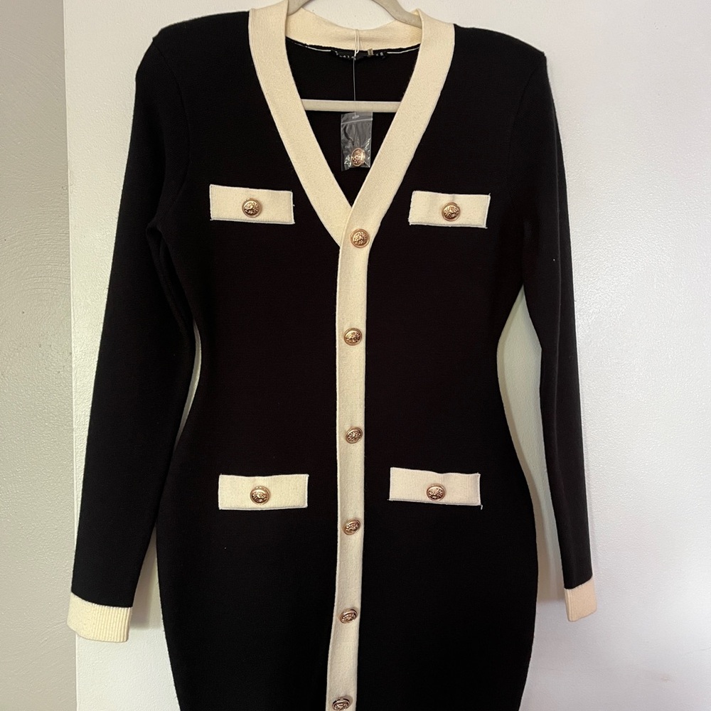 Endless Rose Black and Cream Mini Dress Long Sleeve - S